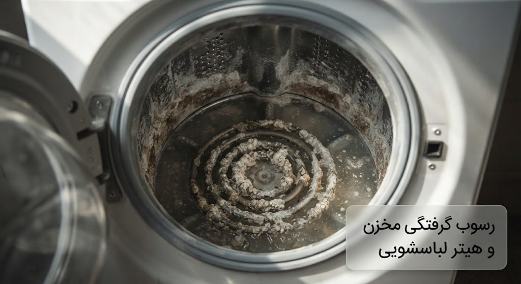 رسوب مخرن نگهداری المنت گرم کننده لباسشویی ال جی که نشان دهنده یکی دیگر از دیگر از دلایل ارور اچ ای است